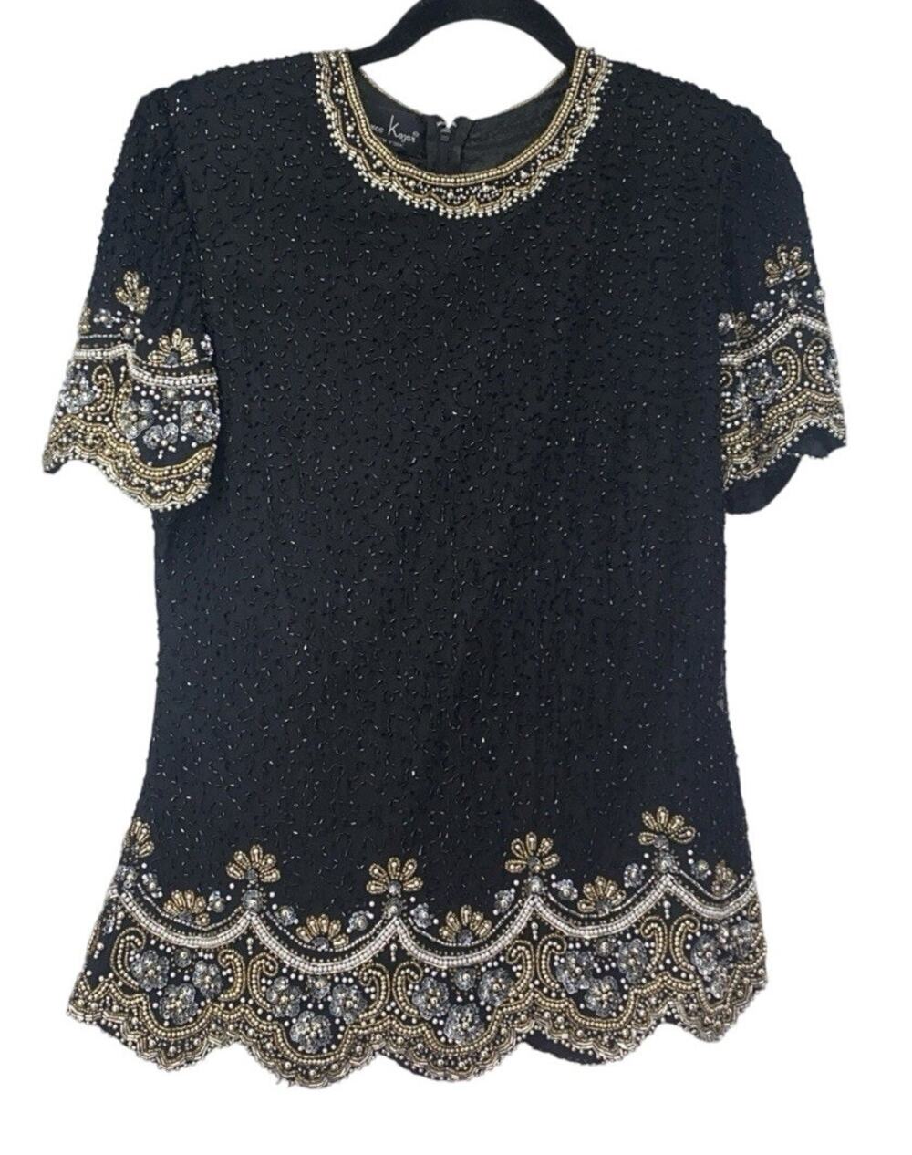 Vintage Laurence Kazer Small 80s Beaded & Sequins Silk Elegant Formal Blouse